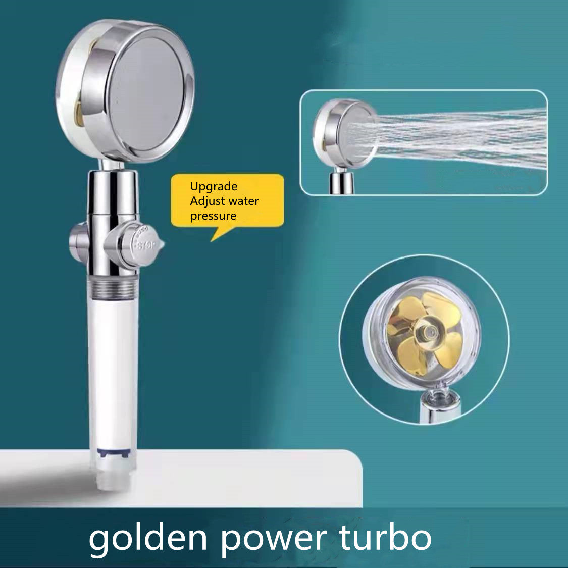 360° Rotation Turbo Fan Shower Head – High Pressure, Water Saving