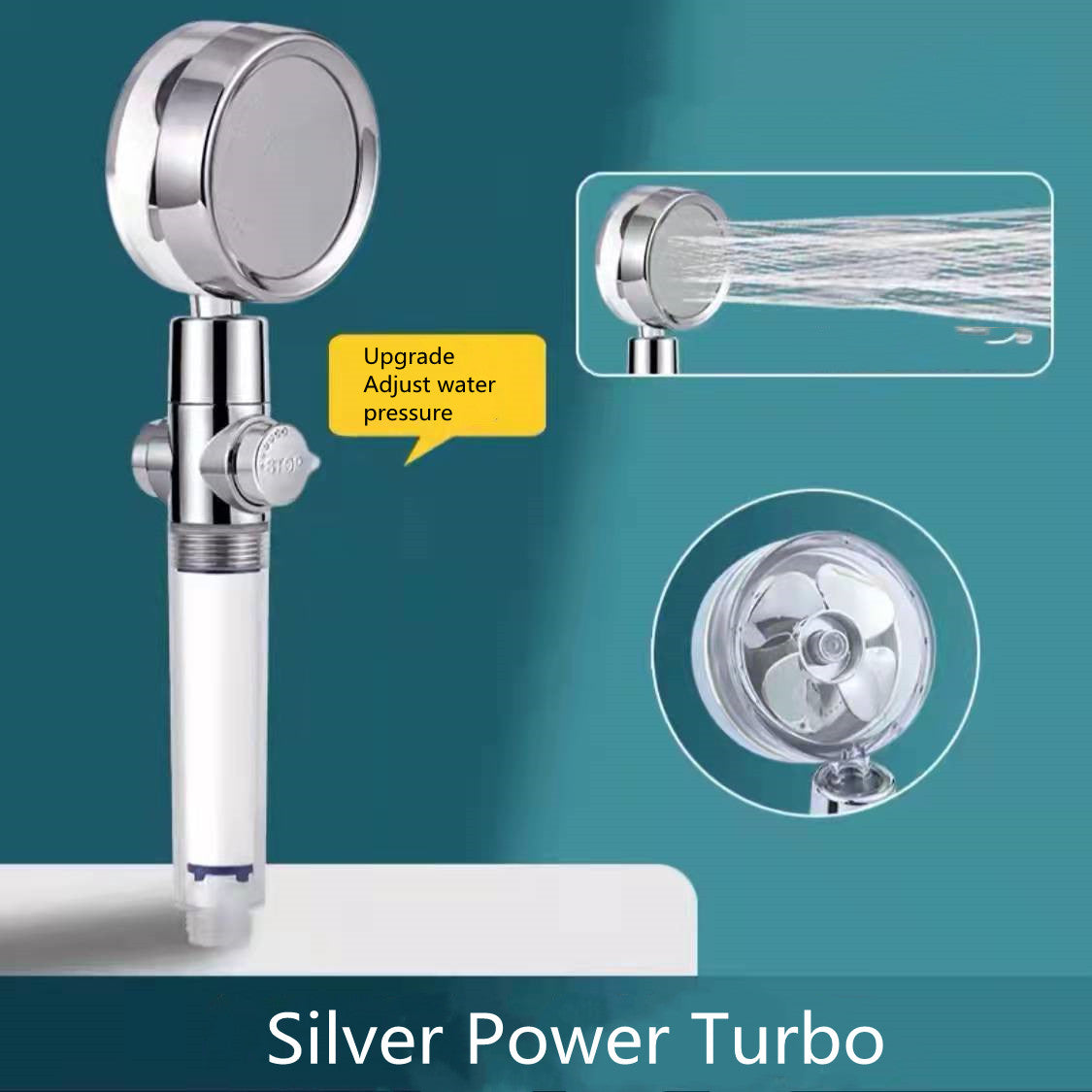 360° Rotation Turbo Fan Shower Head – High Pressure, Water Saving